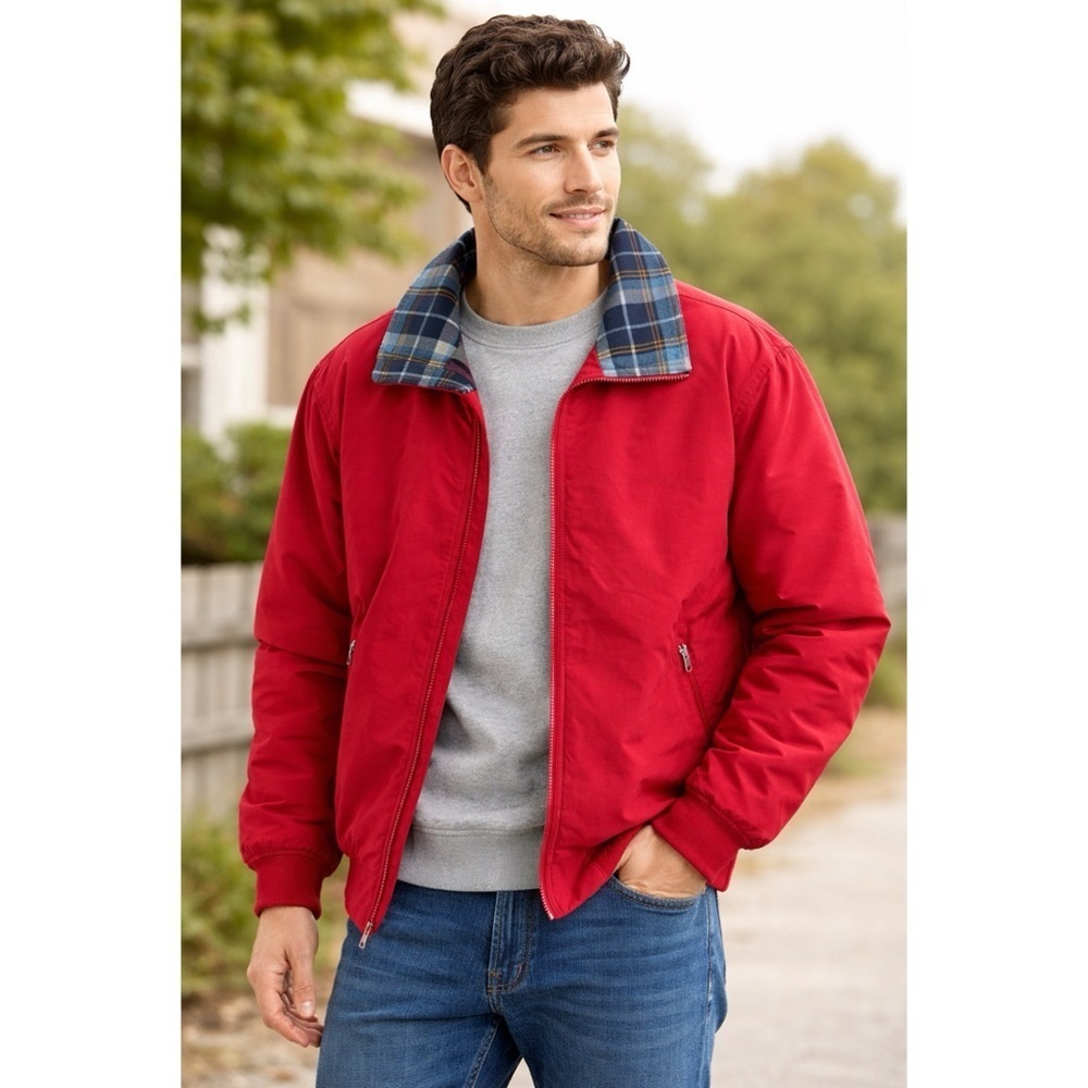 L.L.Bean Men’s Plaid Lined Zip Jacket Red Size Small